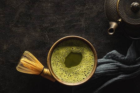 Matcha green tea in a cup. Top view. Copy space.の写真素材