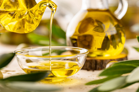 Bottle pouring virgin olive oil in a bowl close upの写真素材