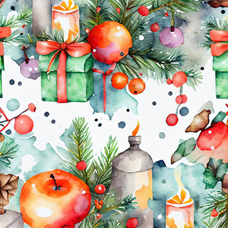Holiday ornamental decorations for the Christmas season, Illustration of hand paintingの素材