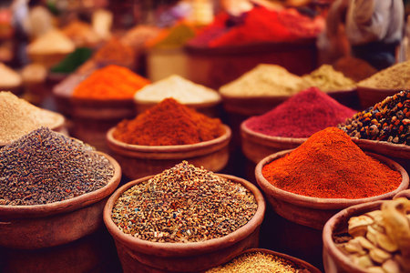 Arabian spices in a street market, 3D illustrationの素材