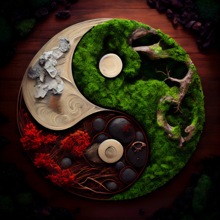 Yin Yang sign of nature elements 3D illustration digital art designの素材
