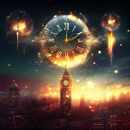 Happy New Year eve celebration with old clock in the midnight and festive fireworks, 3D illustrationの素材