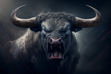 Wild bull animal with big horns and a strong body, 3D illustration digital art designの素材