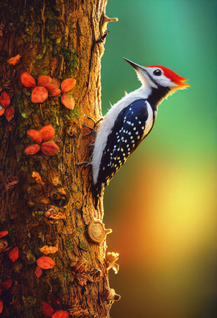 Cute woodpecker sitting on a tree and knocks. Bird in the forest in a cartoon style. 3D illustration art design, copy spaceの素材