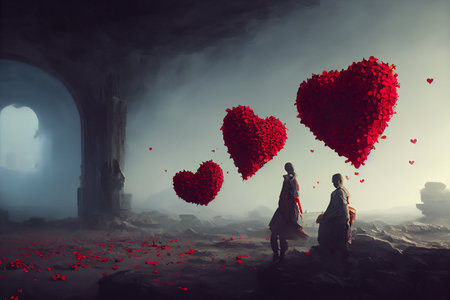Red hearts fly, 3d illustration abstract art designの素材