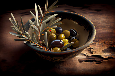 Delicious green and black olives in a bowl, 3D illustration art designの素材