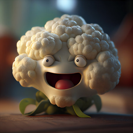 Scared cauliflower cartoon character. 3D illustration art designの素材