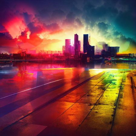 City destroyed by war. Night scene, 3D illustrationの素材