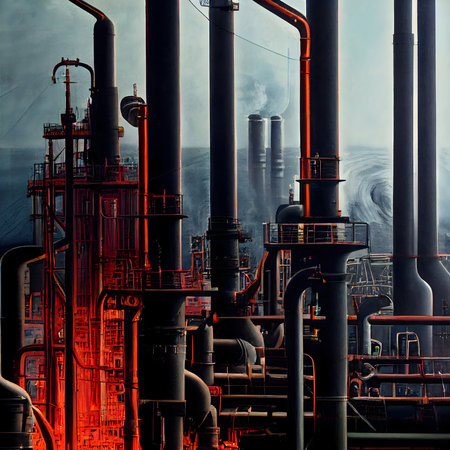 Close up industrial view at oil refinery plant form industry zone, 3D illustrationの素材