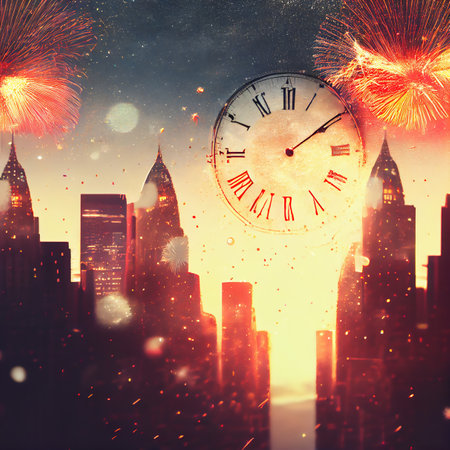 Old clock with fireworks and holiday lights, 3D illustrationの素材