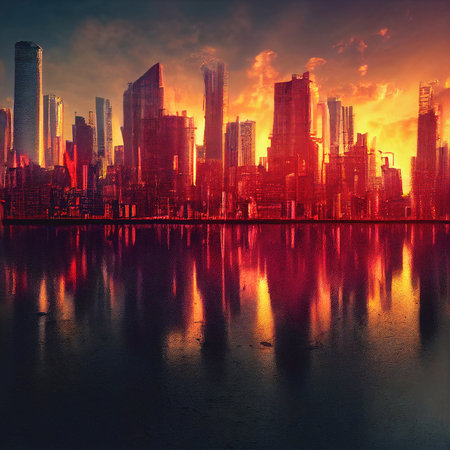 Apocalypse. Burning city, abstract vision. 3D illustrationの素材