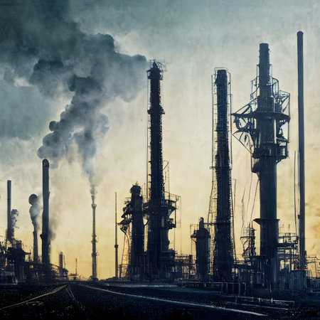 Smoke stacks emmitting carbon pollution into the sky, 3D illustrationの素材
