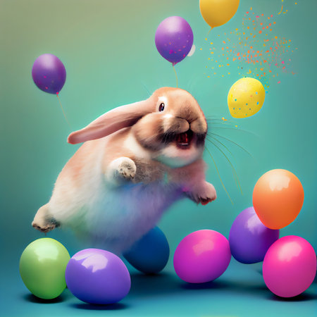 3D illustration art design of Easter bunny with colorful eggsの素材