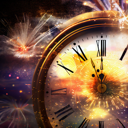 New Year concept with clock and fireworks, 3D illustration art designの素材