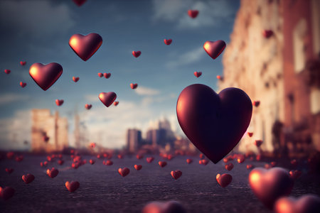 Romantic background, symbols of love flying, 3D illustration art designの素材