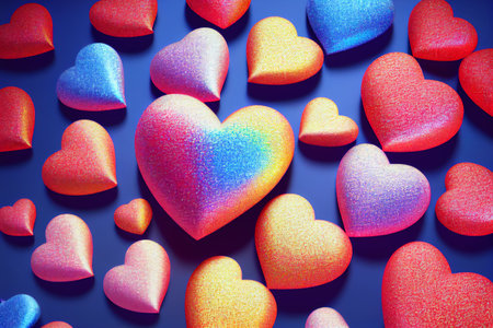 Glitter realistic hearts on blue background. 3D illustration art designの素材