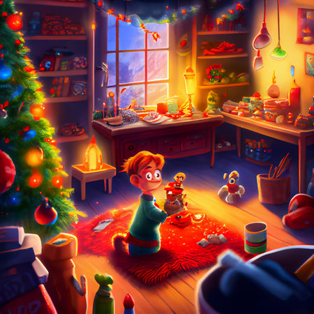 Christmas scene 3D illustration with happy kid opening presentの素材