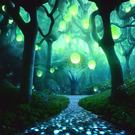 Mystical forest with lighting branches and pathway. 3D illustrationの素材