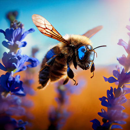 Bee flying over the blue flower, 3D illustrationの素材