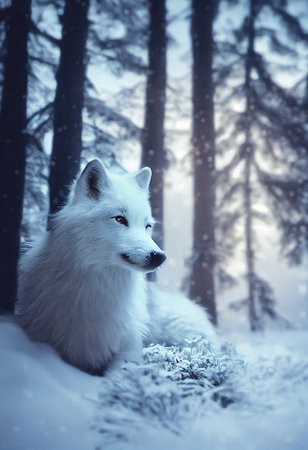 Portrait of beautiful white wolf standing on the snow in the winter forest, 3D illustrationの素材