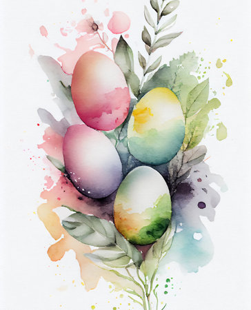 Happy Easter greeting card with watercolor hand drawing, illustration art designの素材