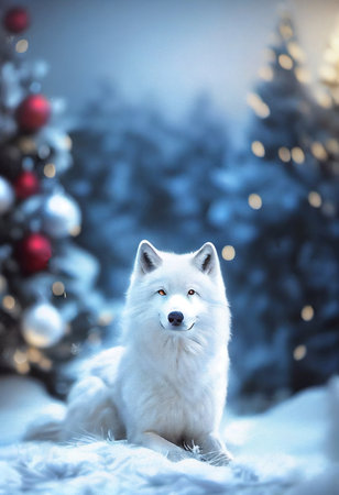 Arctic wolf in the snow and looking at the camera Christmas tree in background, 3D illustrationの素材