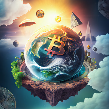 Bitcoin digital currency and world globe, 3D illustration designの素材
