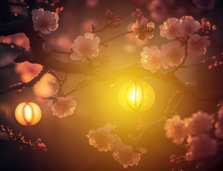 Apricot tree in bloom decorated with lampions, 3D illustration digital art design.の素材