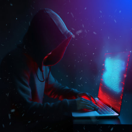 Professional hacker are using laptop in planning attacks. 3D illustration digital art designの素材
