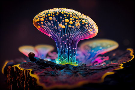Toxic luminous mushroom. 3D illustration digital art designの素材