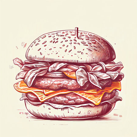 Hand-drawn illustration of a delicious burger, digital designの素材