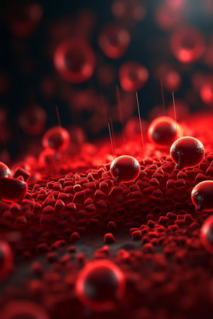 Virus background with disease cells and red blood cell. 3D illustration designの素材