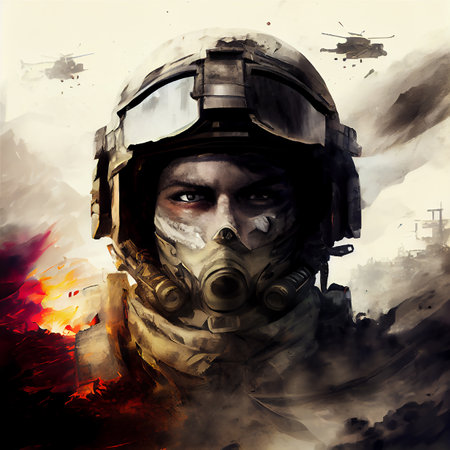 Soldier portrait in gas mask. 3D illustration digital art designの素材