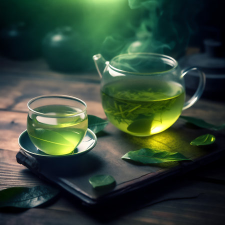 Fresh green tea in glass cup, 3D illustration art designの素材