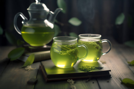 Fresh green tea in glass cup, 3D illustration art designの素材