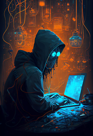 Professional hackers are using laptop in planning attacks. 3D illustration digital art designの素材