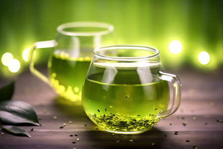 Tea in a glass cup with fresh and dried leaves, 3D illustration digital art designの素材
