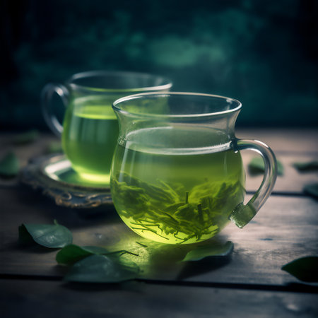 Tea in a glass cup with fresh and dried leaves, 3D illustration digital art designの素材