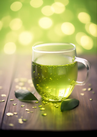 Glass cup with fresh green tea, 3D illustration art design, generative AIの素材