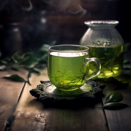 Cup of warm green tea, 3D illustration digital art design, generative AIの素材