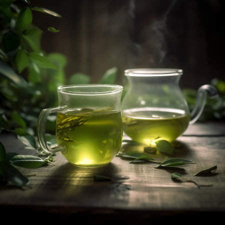 Tea in a glass cup with fresh and dried leaves, 3D illustration digital art design, generative AIの素材