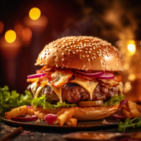 Homemade cheeseburger with cheese and vegetables. 3D illustration digital art design, generative AIの素材