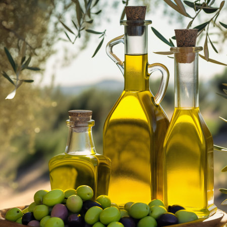 Still life with olives and oil on table in olive grove, 3D illustration digital art design, generative AIの素材