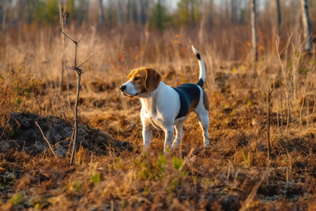 The beagle dog in sunny autumn forest. 3D illustration digital art design, generative AIの素材