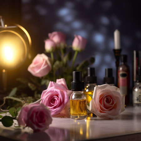Essential aroma oil with roses. 3D illustration digital art design, generative AIの素材