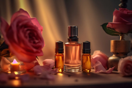 Perfume bottle and rose. 3D illustration digital art design, generative AIの素材