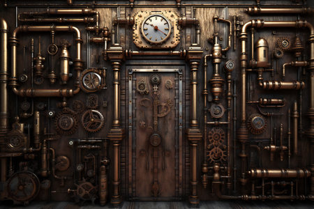 Steampunk retro clock composition. 3D illustration digital art design, generative AIの素材