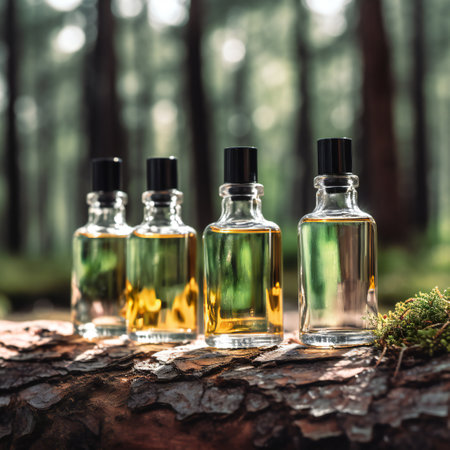 Set of different essential oils used in aromatherapy. 3D illustration digital art design, generative AIの素材