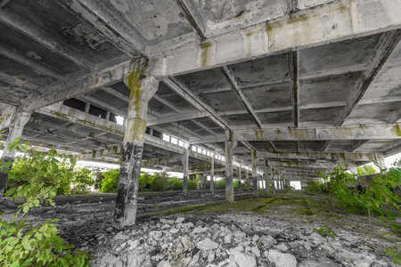 Abandoned building interior. Ruins of industrial factoryの写真素材