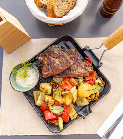 Grilled pork chops with roasted vegetables served with sauce in iron pan, restaurant menu, top viewの写真素材